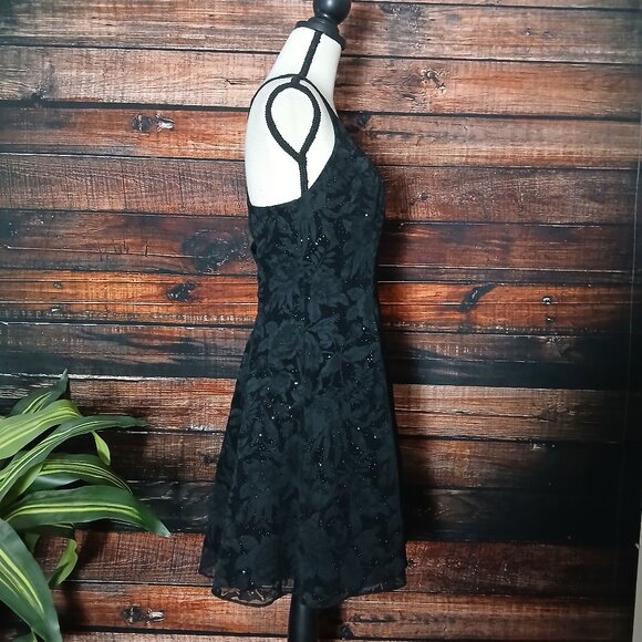 Vintage Nite Kraze Dress 9/10 Velvet Burnout Floral Glitter Cross Back LBD - Picture 7 of 10
